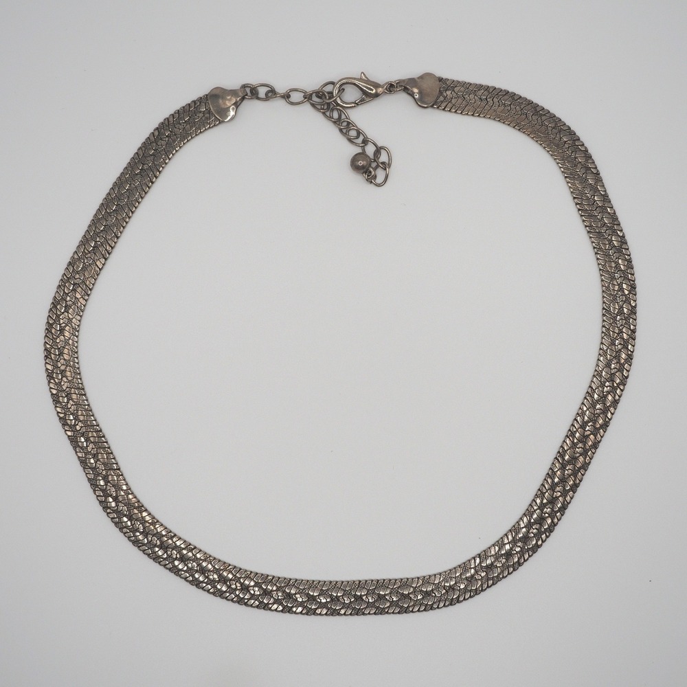 Vtg Necklace Herringbone Snakeskin Textured Chain Silver Tone Wide 18" Extender